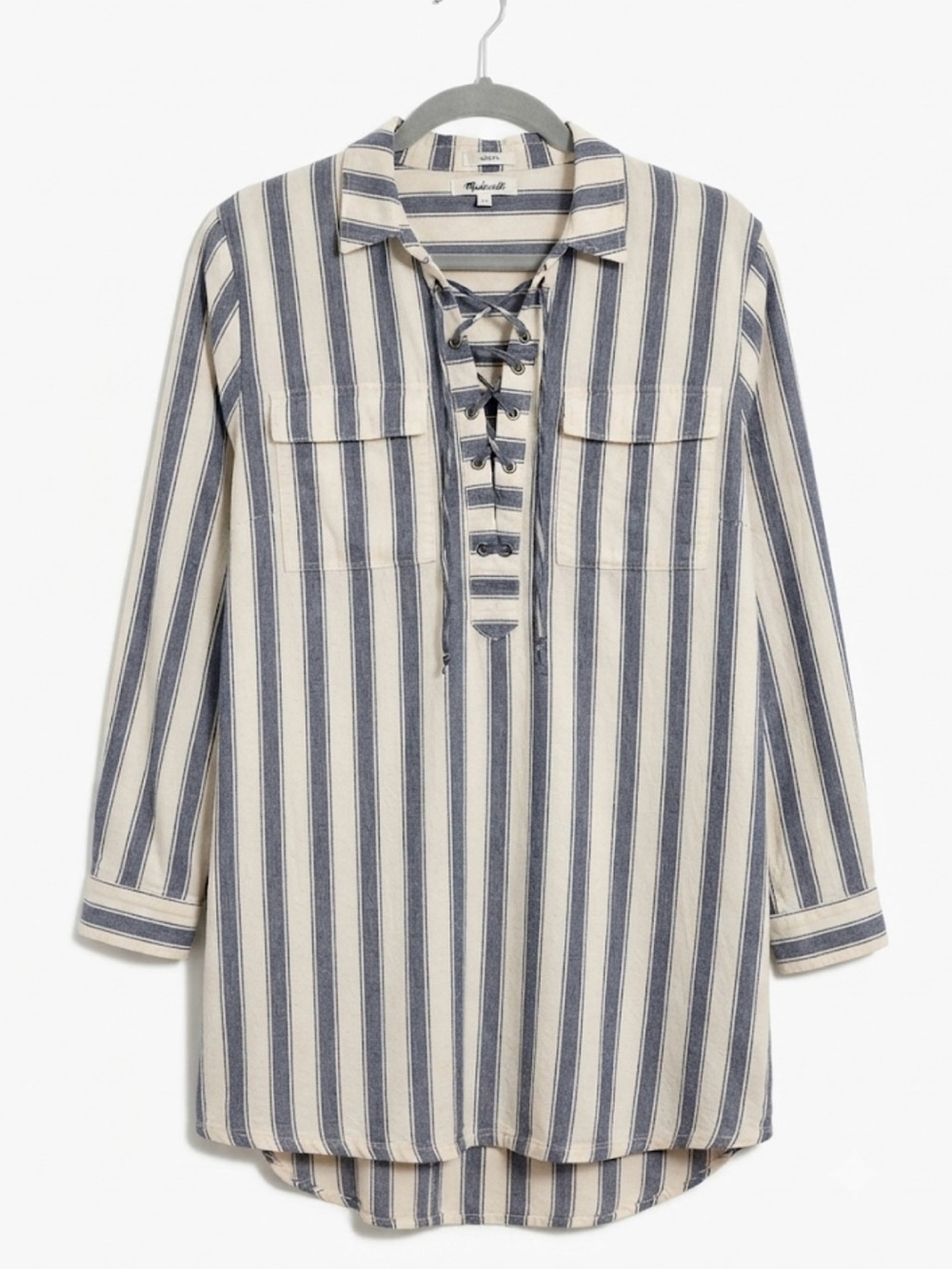 Madewell Coastal Linen Striped Lace Up Shirtdress M Pockets G3049